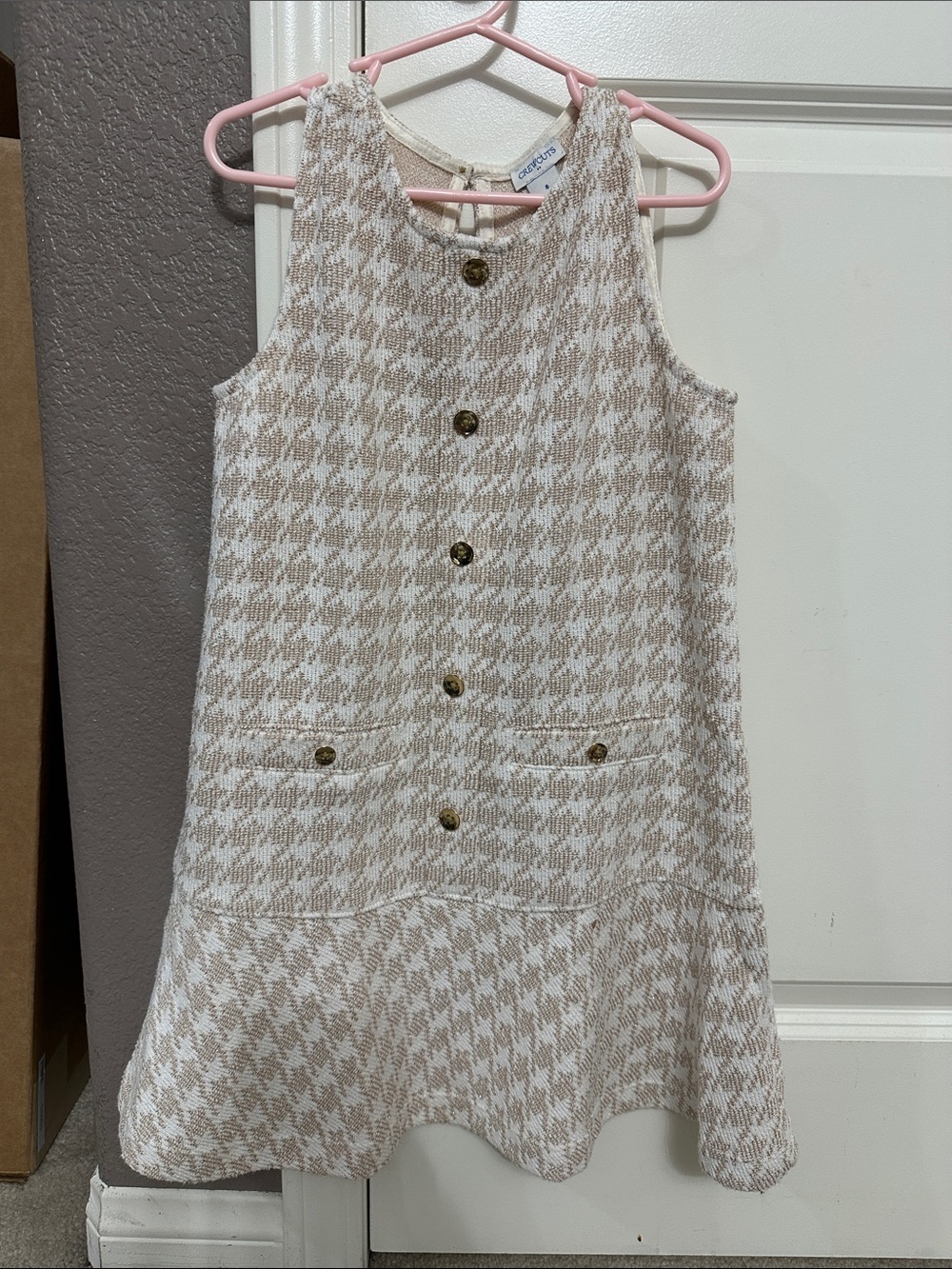 Crewcuts Cream & Tan Houndstooth Button-Front Sleeveless Dress